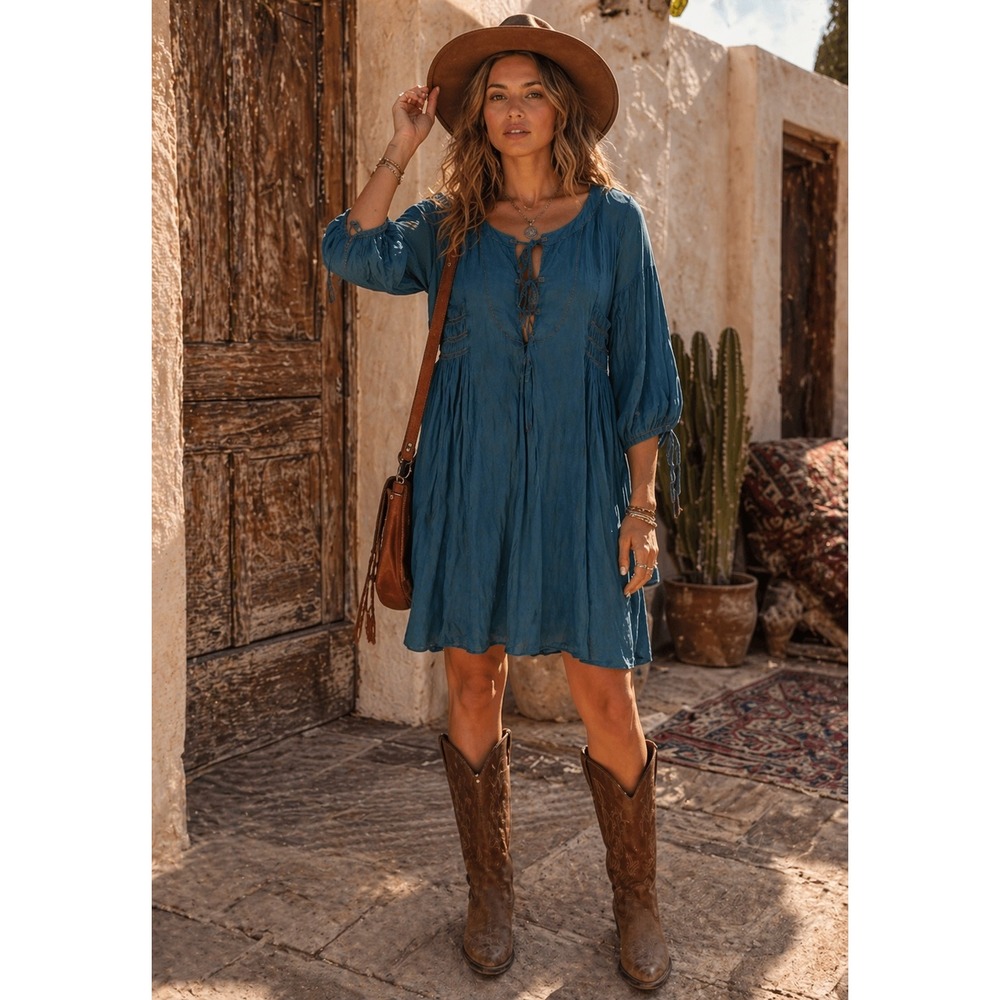 Free People Boho Gypsy Peasant Tunic Dress Tie Front Teal Western Festival SZ M